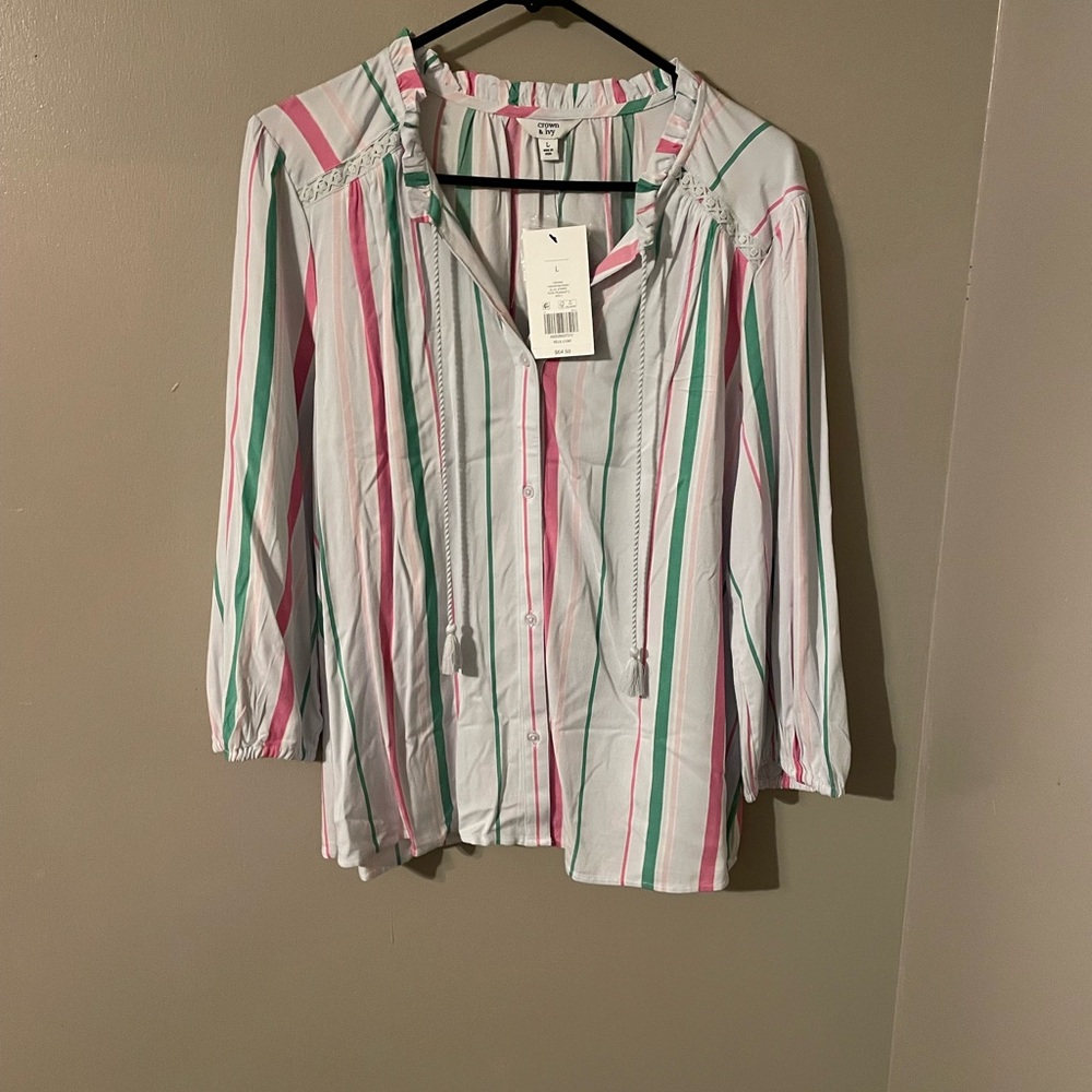 Crown & Ivy Pink and Green Striped Shirt